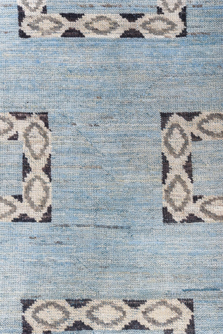 9' x 12' one-of-a-kind handmade vintage Tulu large size rug. Color palette: sky blue, charcoal, ivory, slate, light blue
