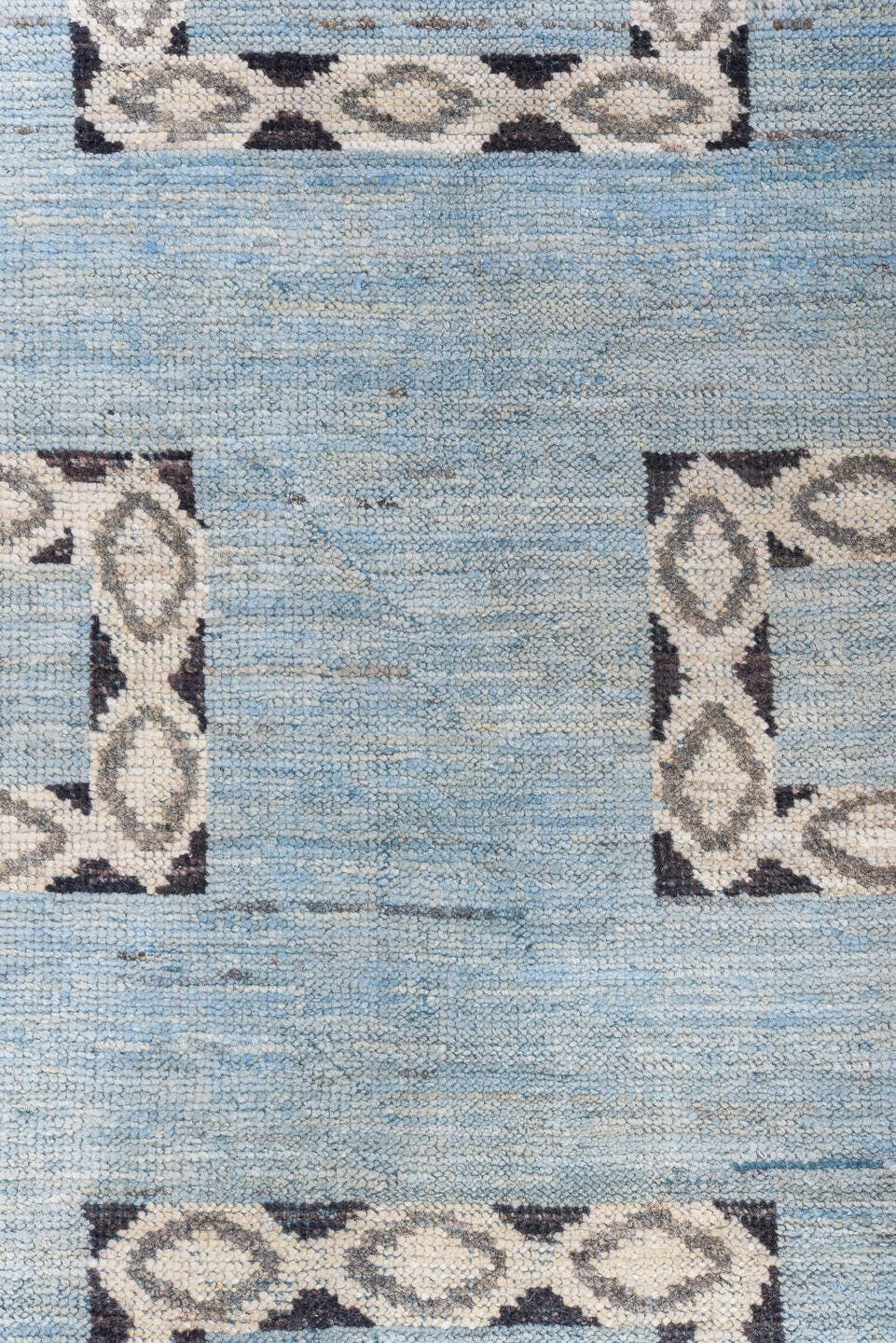9' x 12' one-of-a-kind handmade vintage Tulu large size rug. Color palette: sky blue, charcoal, ivory, slate, light blue