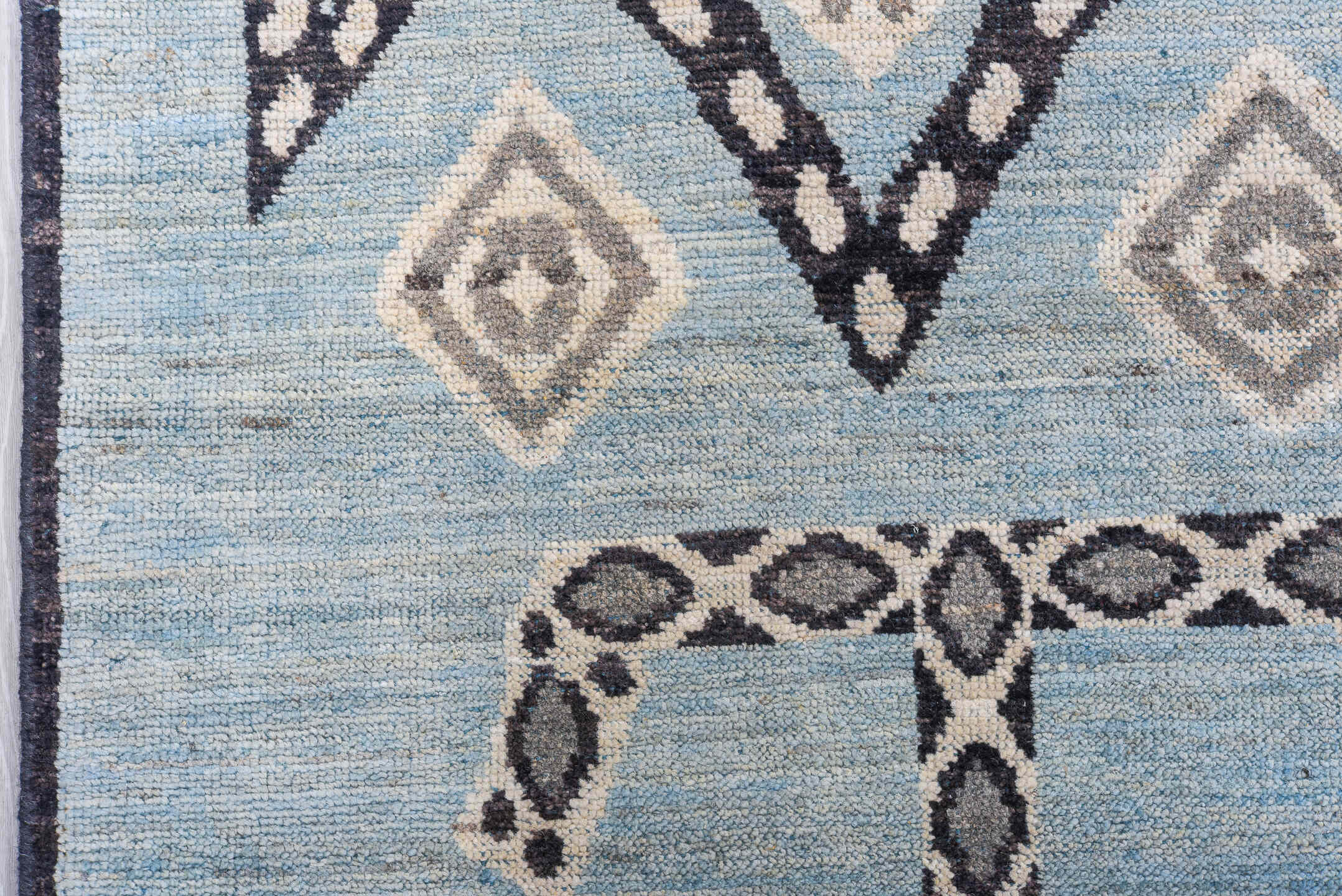 9' x 12' one-of-a-kind handmade vintage Tulu large size rug. Color palette: sky blue, charcoal, ivory, slate, light blue