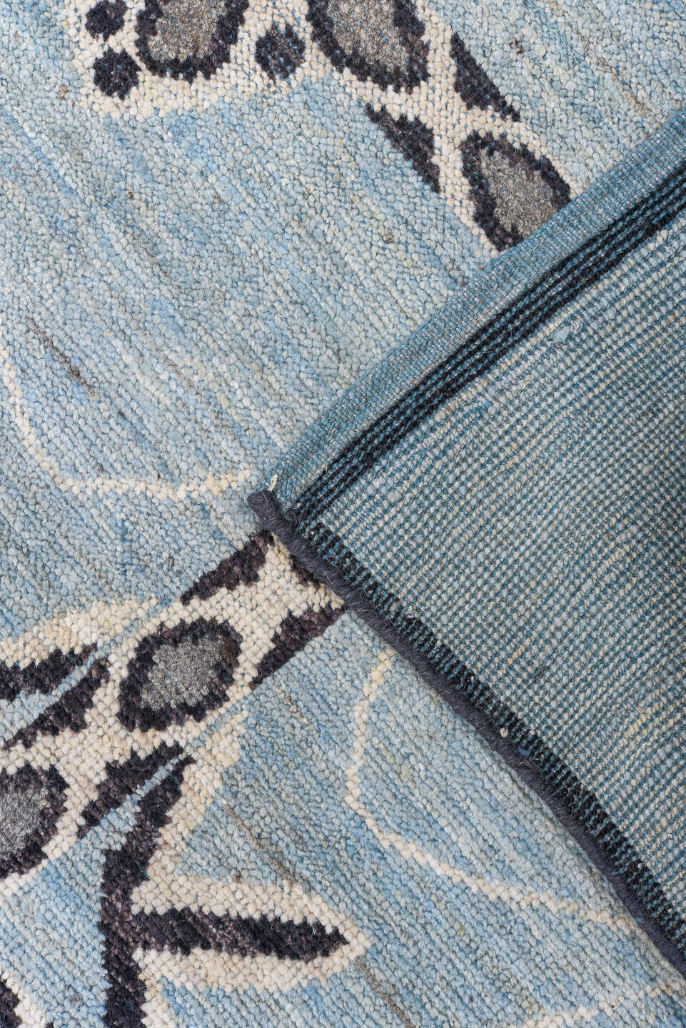 9' x 12' one-of-a-kind handmade vintage Tulu large size rug. Color palette: sky blue, charcoal, ivory, slate, light blue