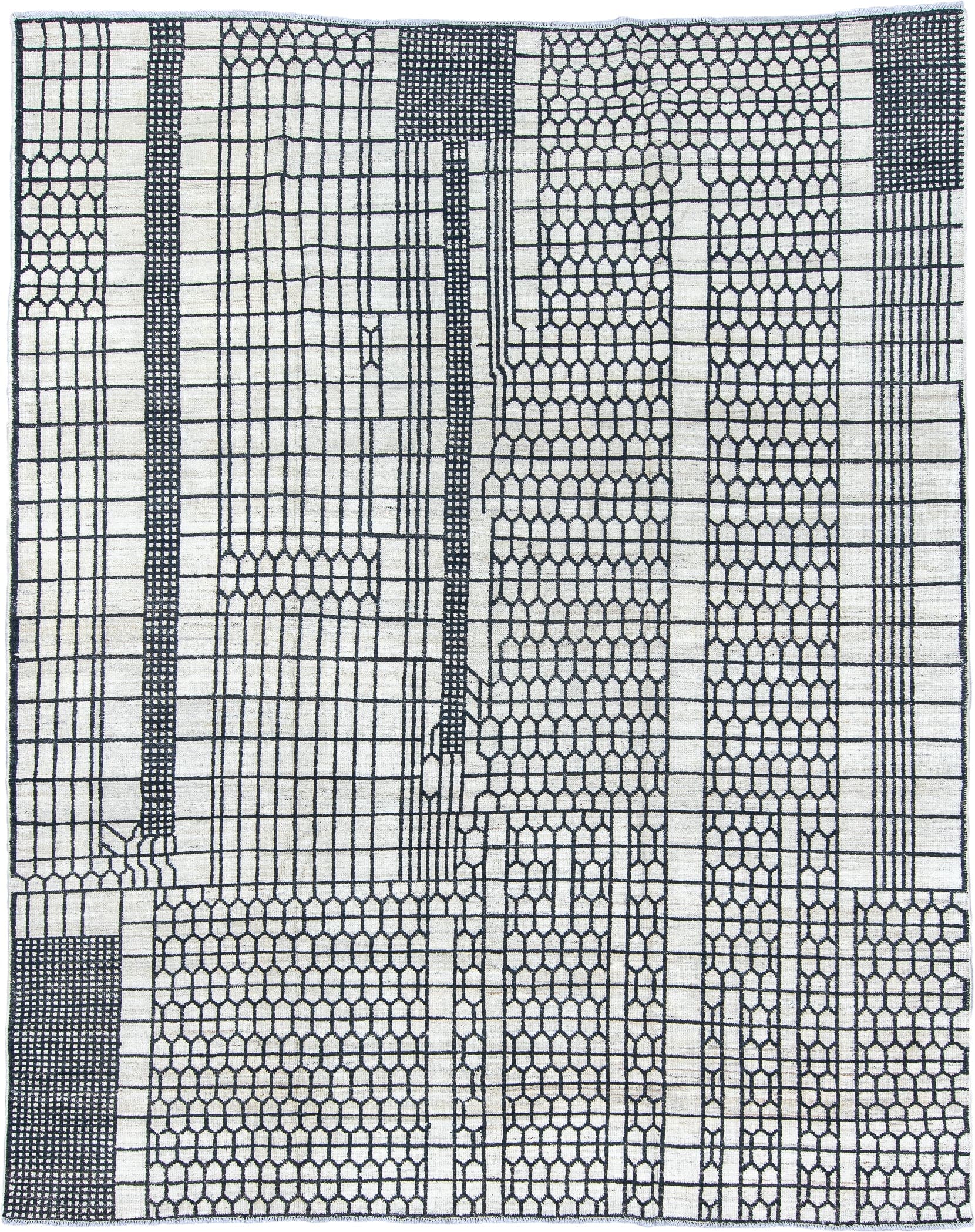 8' x 10' one-of-a-kind handmade vintage Tulu large size rug. Color palette: ivory, charcoal, gray, black