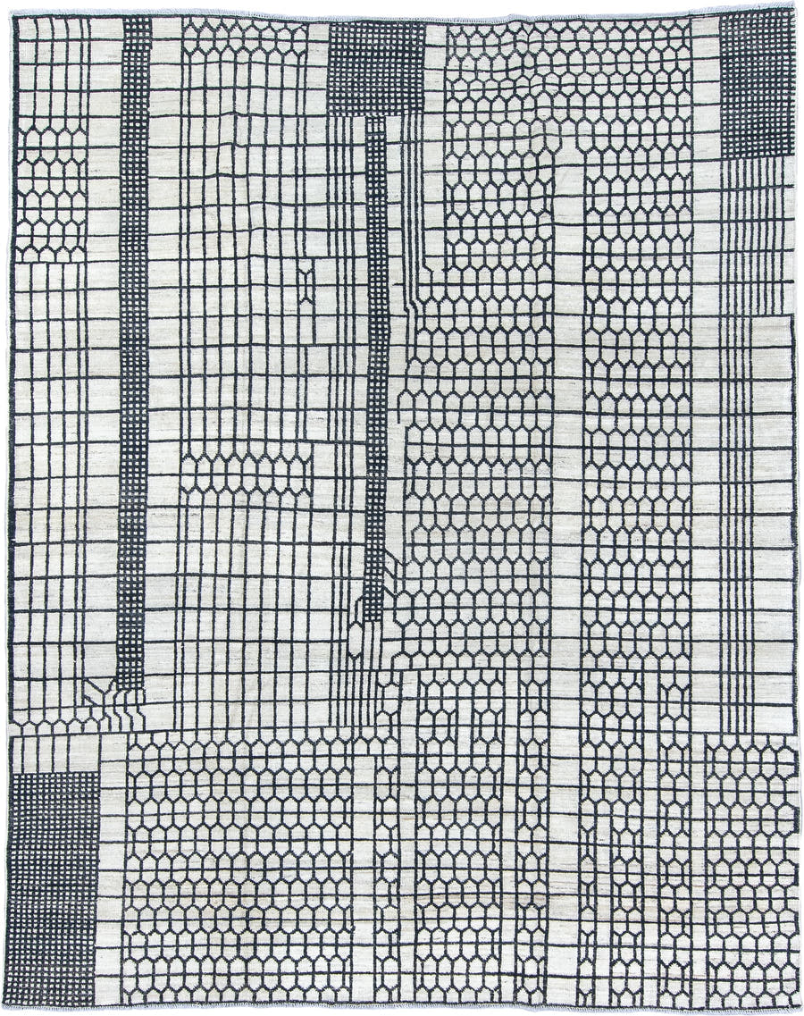 8' x 10' one-of-a-kind handmade vintage Tulu large size rug. Color palette: ivory, charcoal, gray, black