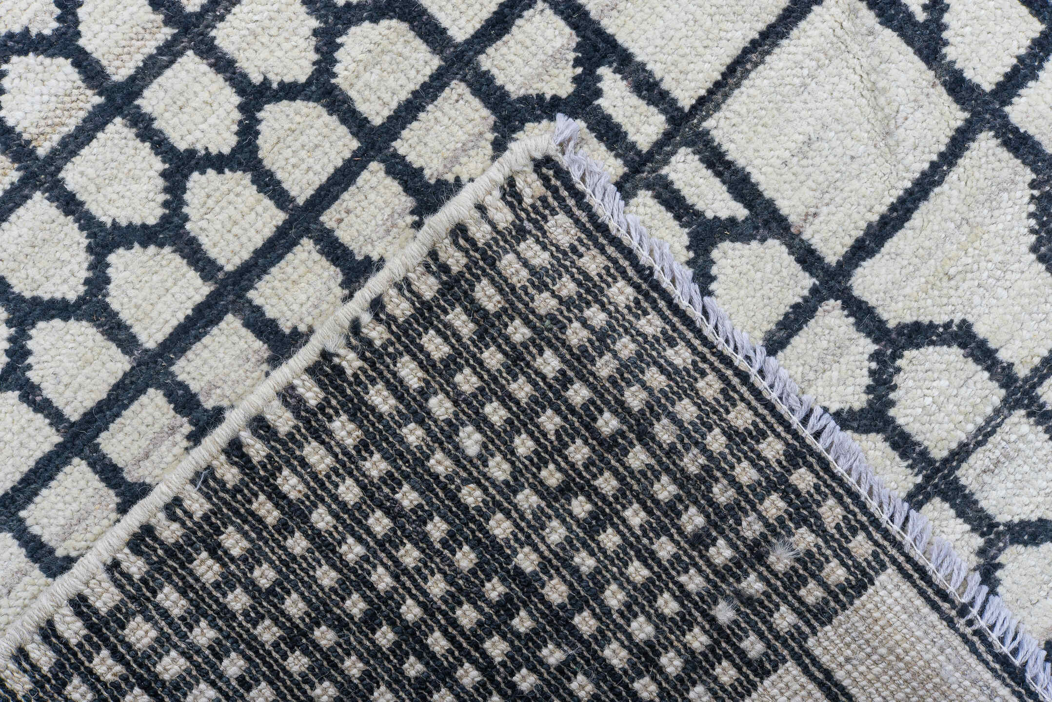 8' x 10' one-of-a-kind handmade vintage Tulu large size rug. Color palette: ivory, charcoal, gray, black