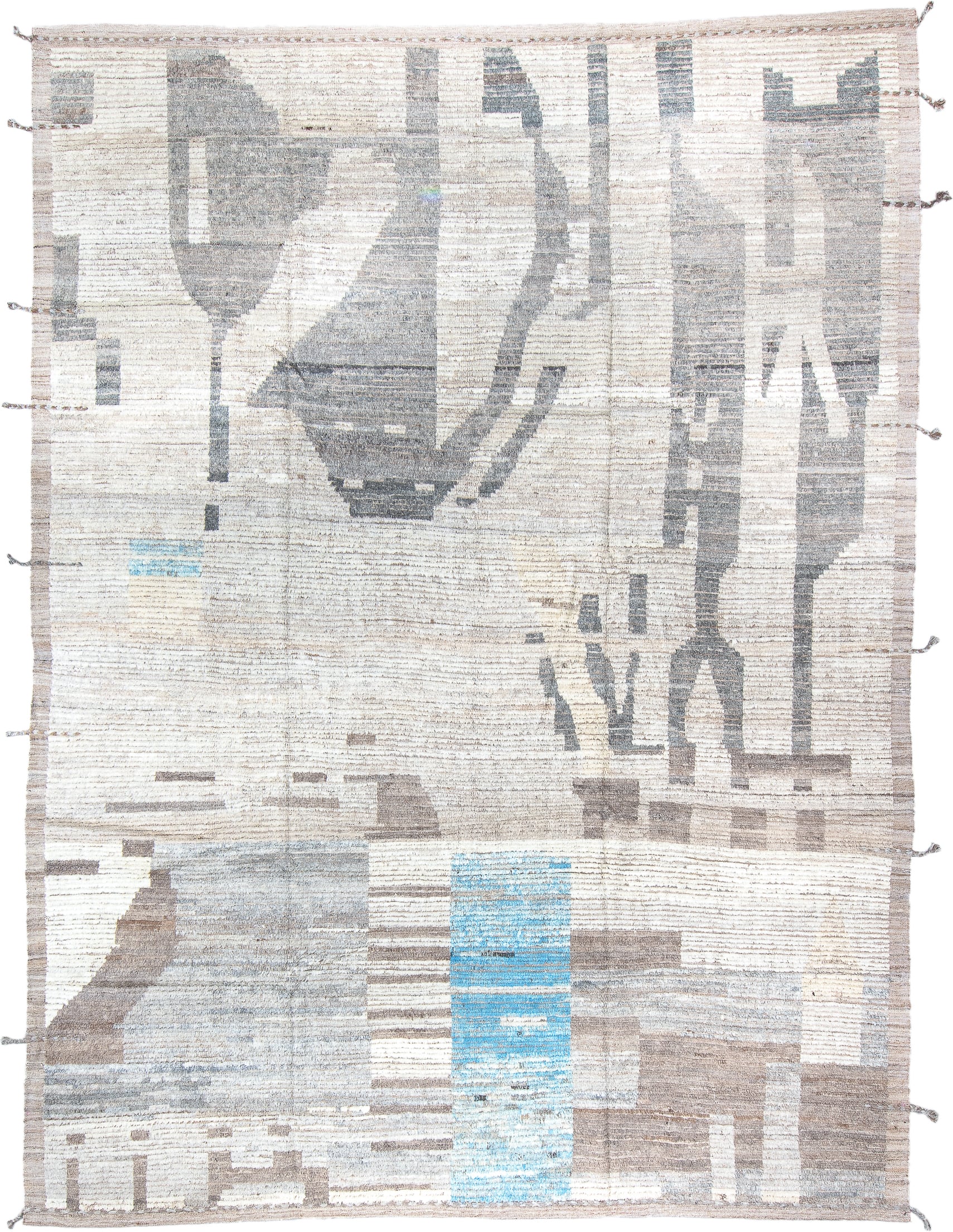 9' x 12' one-of-a-kind handmade vintage Tulu large size rug. Color palette: ivory, gray, taupe, sky_blue, beige, light blue