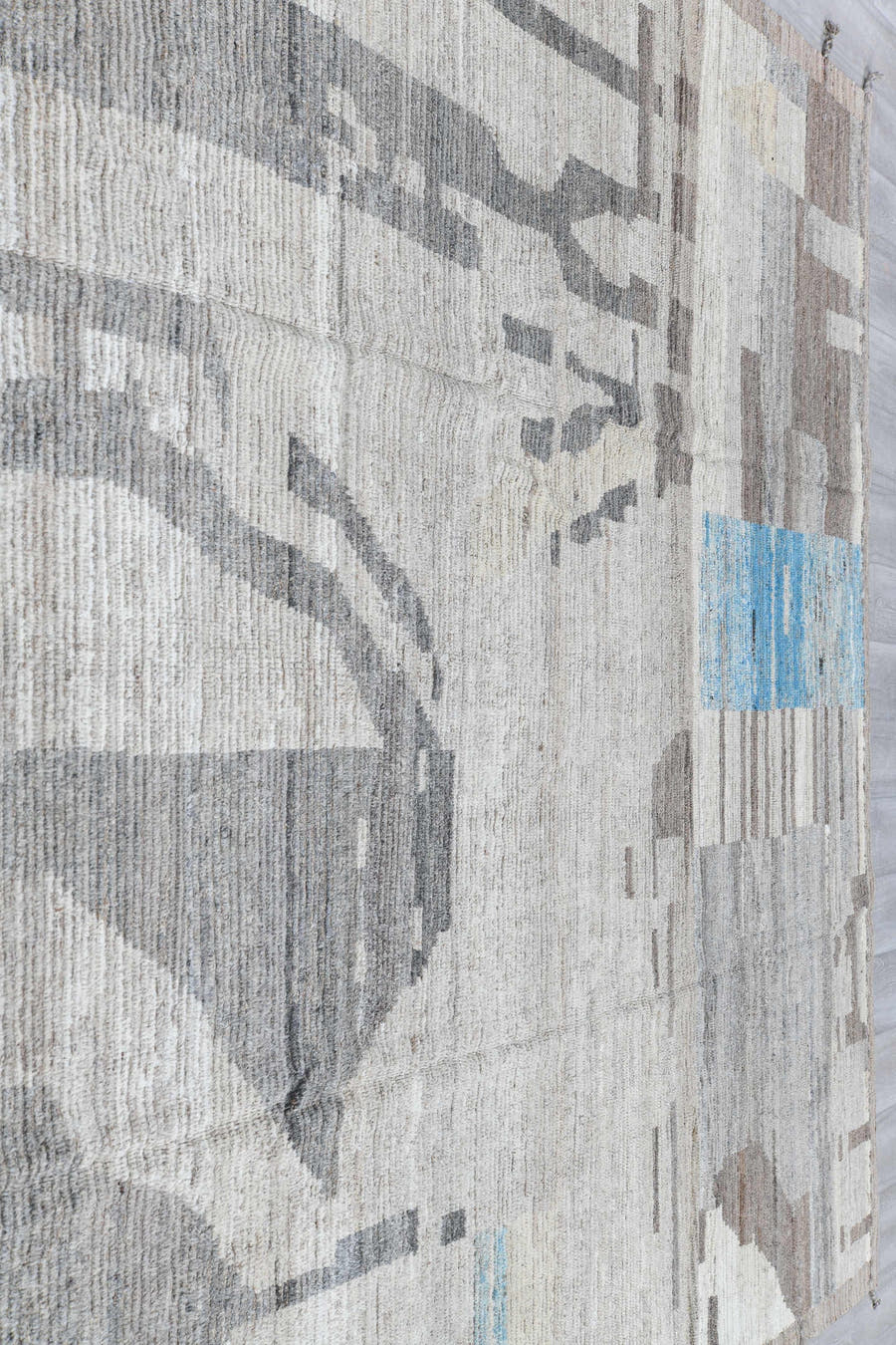 9' x 12' one-of-a-kind handmade vintage Tulu large size rug. Color palette: ivory, gray, taupe, sky_blue, beige, light blue