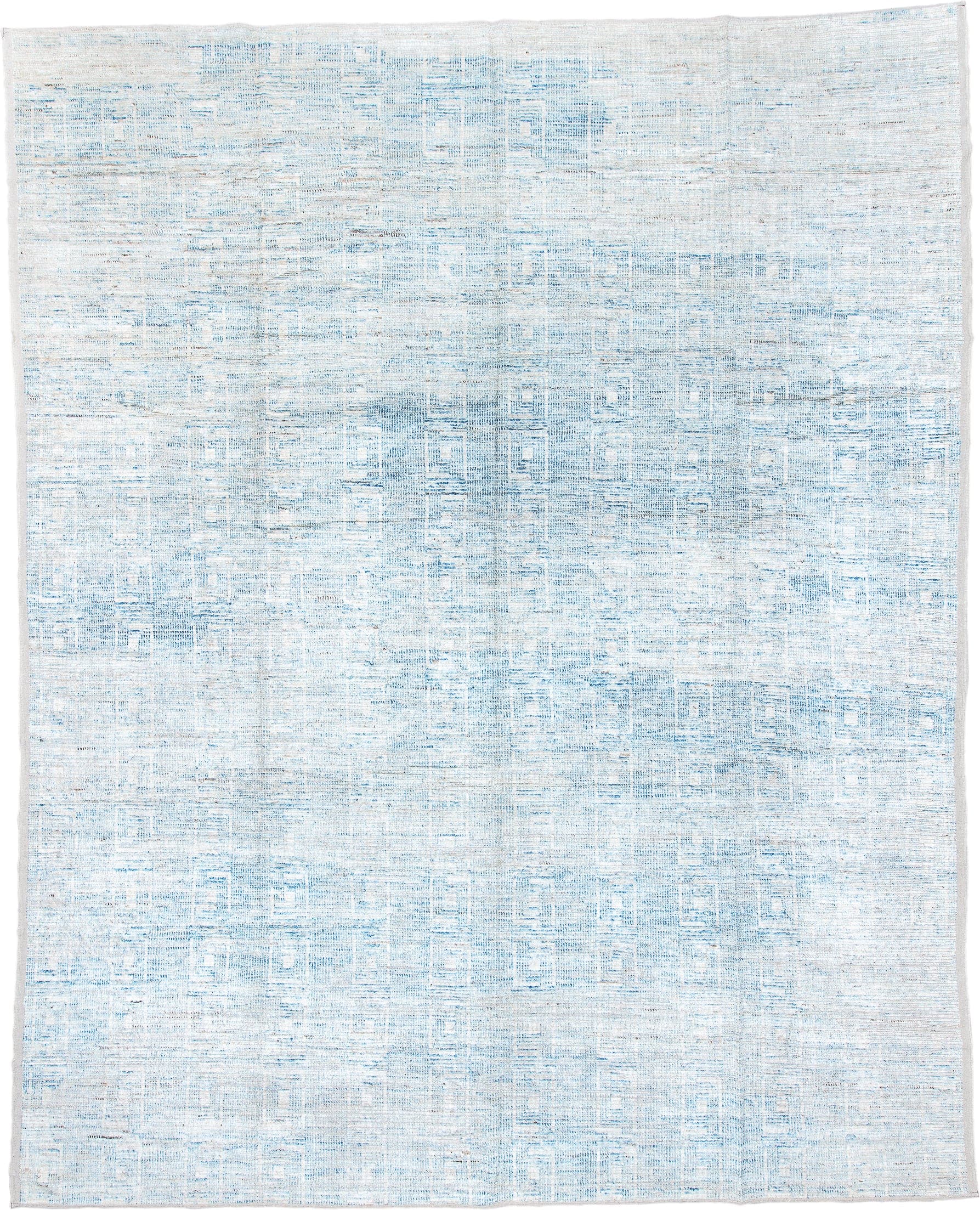 13' x 16' one-of-a-kind handmade vintage Tulu oversize rug. Color palette: ivory, pale blue, sky blue, cream, light blue