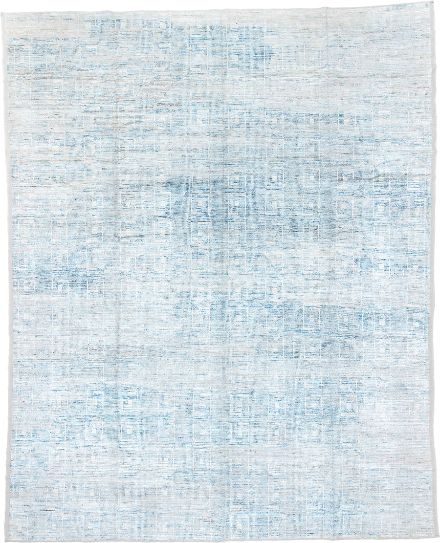 13' x 16' one-of-a-kind handmade vintage Tulu oversize rug. Color palette: ivory, pale blue, sky blue, cream, light blue