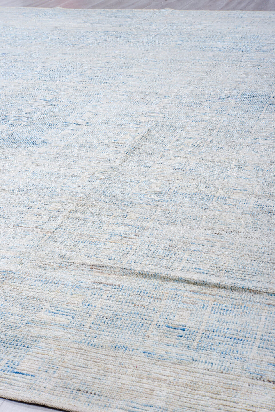 13' x 16' one-of-a-kind handmade vintage Tulu oversize rug. Color palette: ivory, pale blue, sky blue, cream, light blue