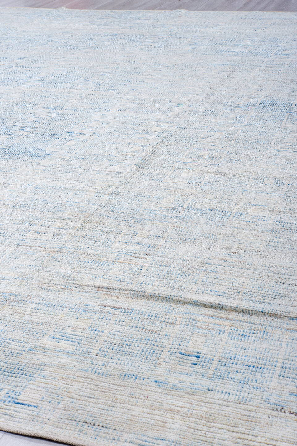 13' x 16' one-of-a-kind handmade vintage Tulu oversize rug. Color palette: ivory, pale blue, sky blue, cream, light blue