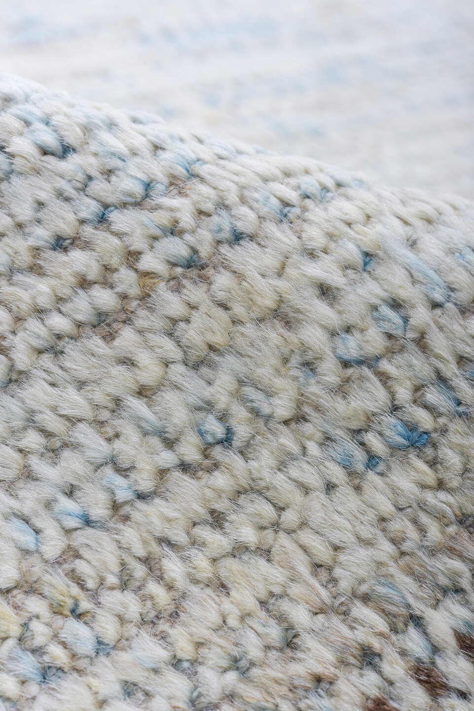 13' x 16' one-of-a-kind handmade vintage Tulu oversize rug. Color palette: ivory, pale blue, sky blue, cream, light blue