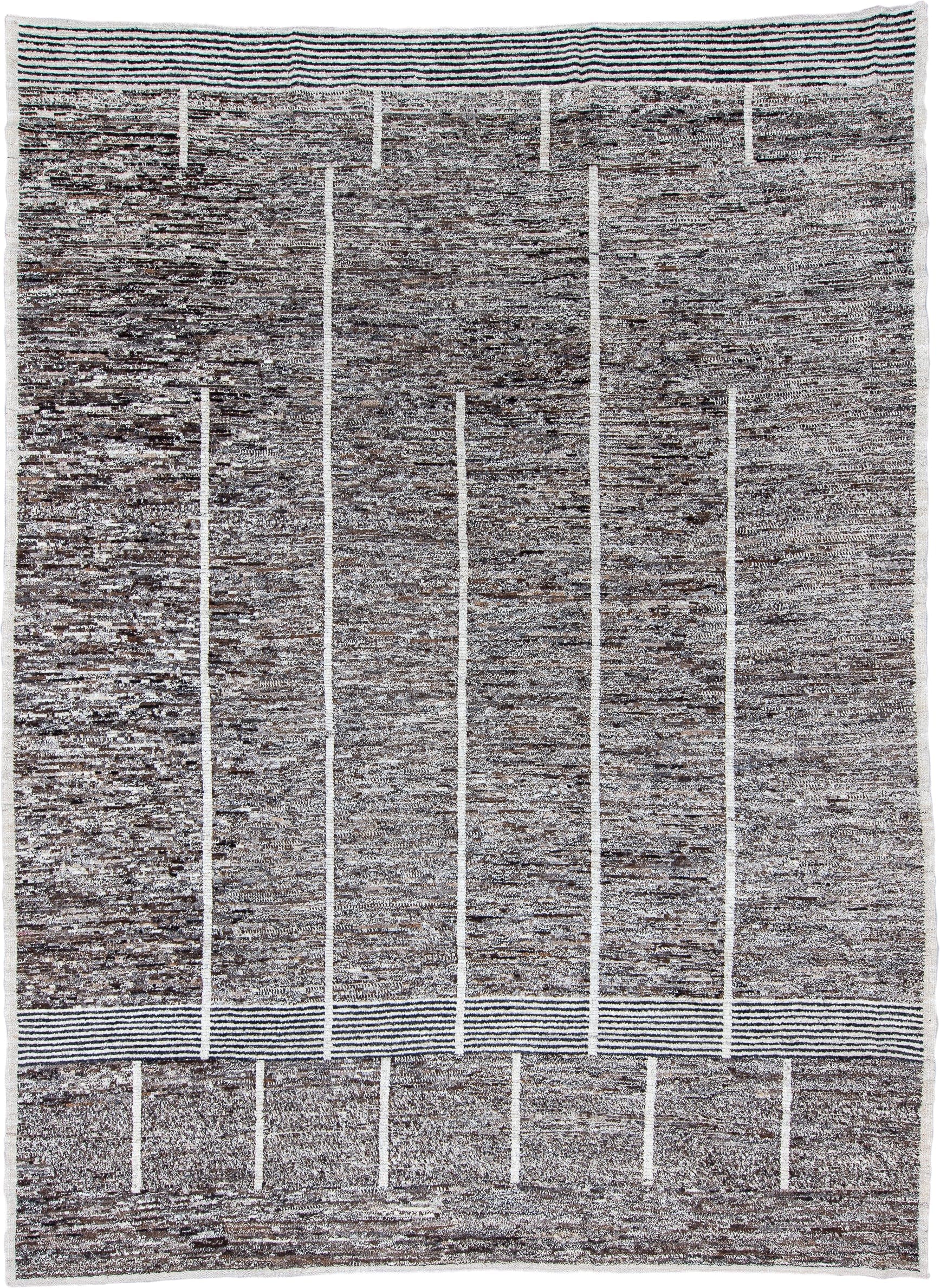 10' x 14' one-of-a-kind handmade vintage Tulu large size rug. Color palette: brown, ivory, gray, charcoal, teal, black