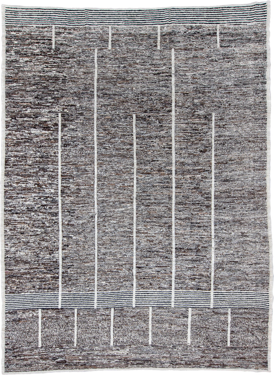 10' x 14' one-of-a-kind handmade vintage Tulu large size rug. Color palette: brown, ivory, gray, charcoal, teal, black