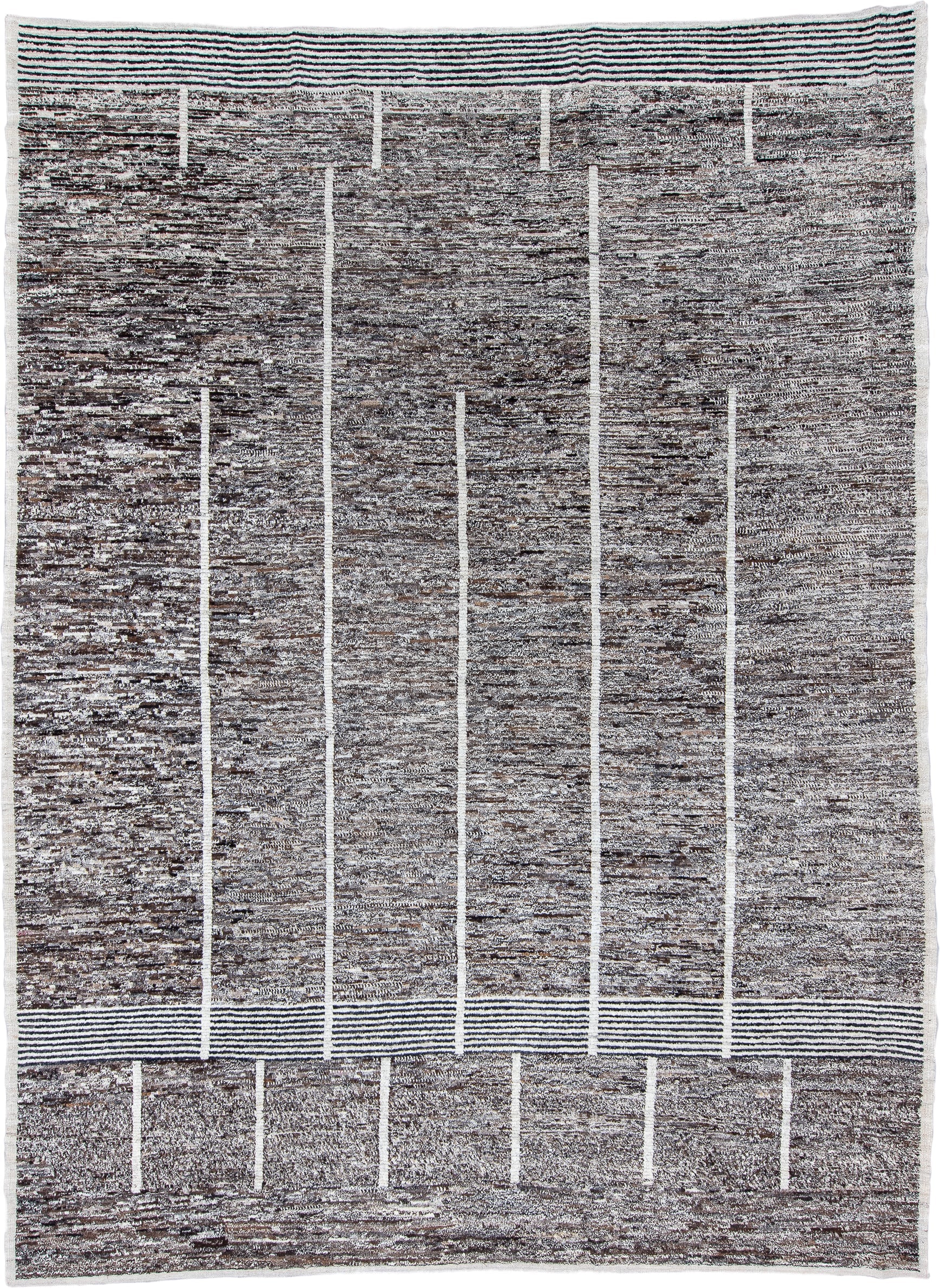 10' x 14' one-of-a-kind handmade vintage Tulu large size rug. Color palette: brown, ivory, gray, charcoal, teal, black