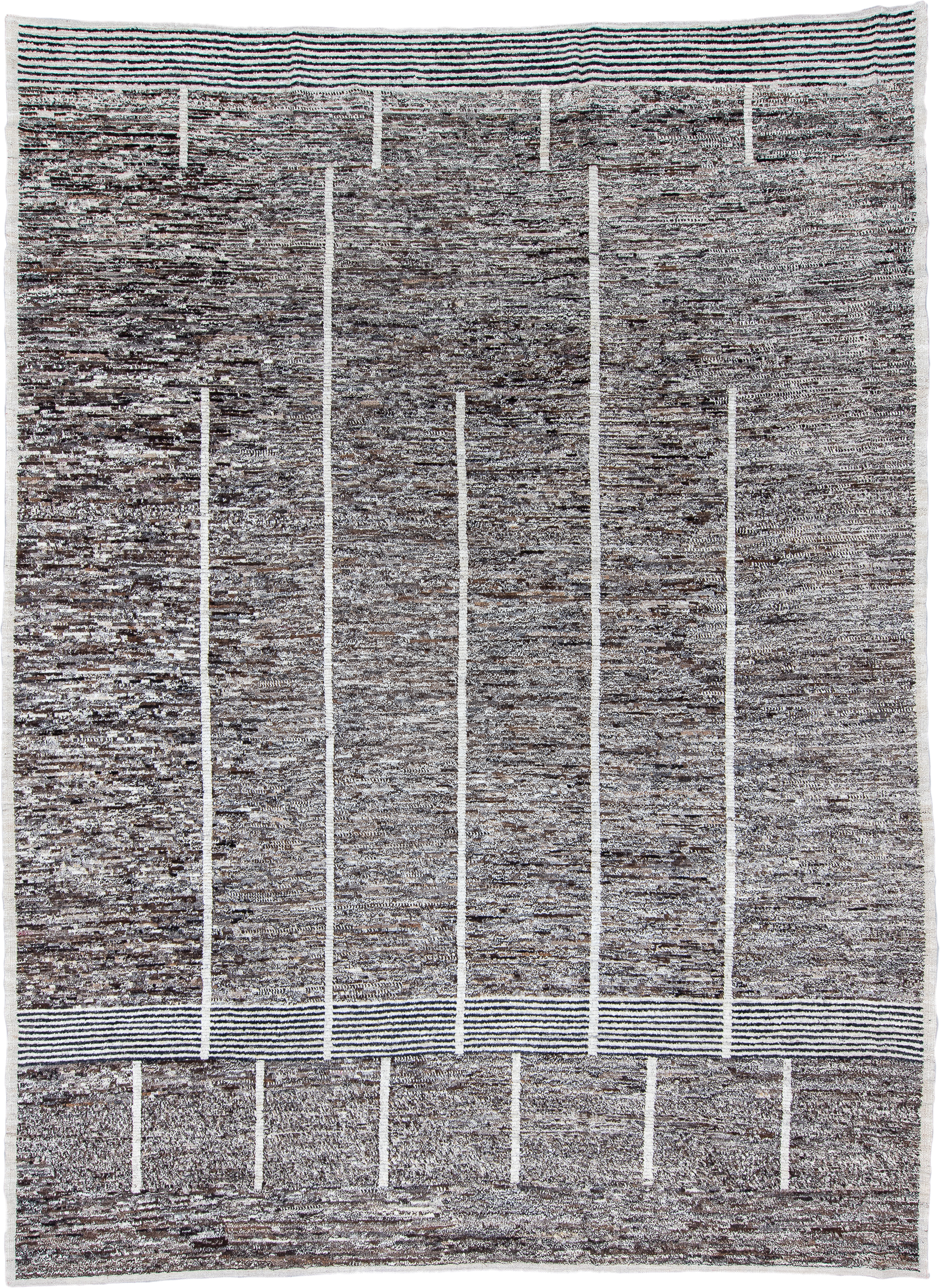 10' x 14' one-of-a-kind handmade vintage Tulu large size rug. Color palette: brown, ivory, gray, charcoal, teal, black