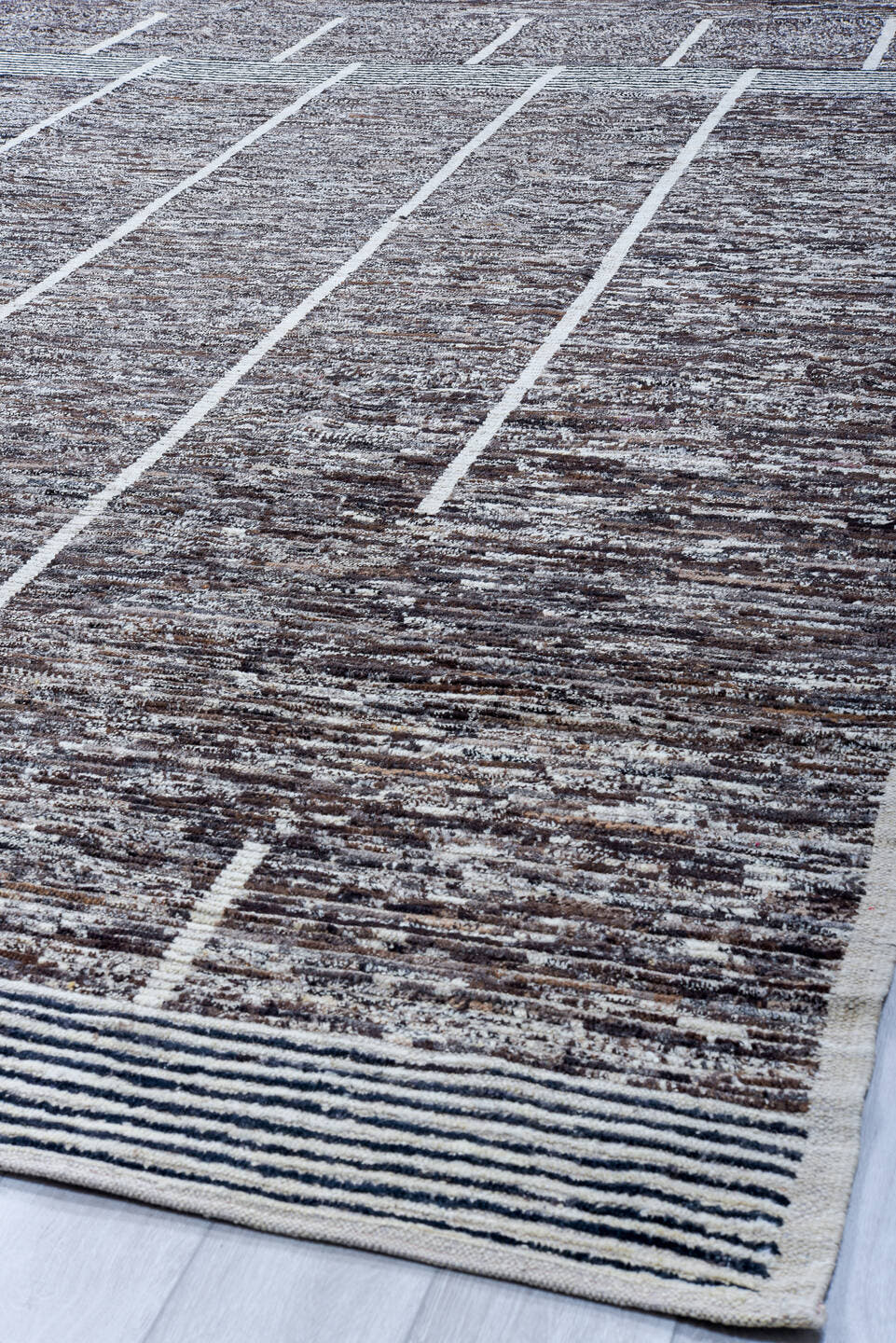10' x 14' one-of-a-kind handmade vintage Tulu large size rug. Color palette: brown, ivory, gray, charcoal, teal, black