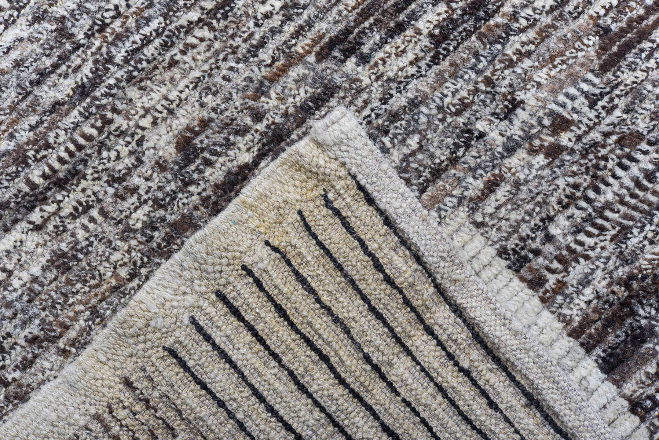 10' x 14' one-of-a-kind handmade vintage Tulu large size rug. Color palette: brown, ivory, gray, charcoal, teal, black