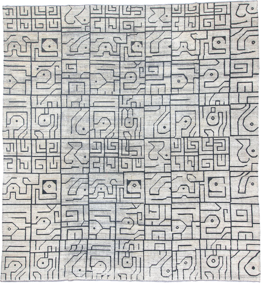 13' x 14' one-of-a-kind handmade vintage Tulu oversize rug. Color palette: ivory, charcoal, slate, gray, black