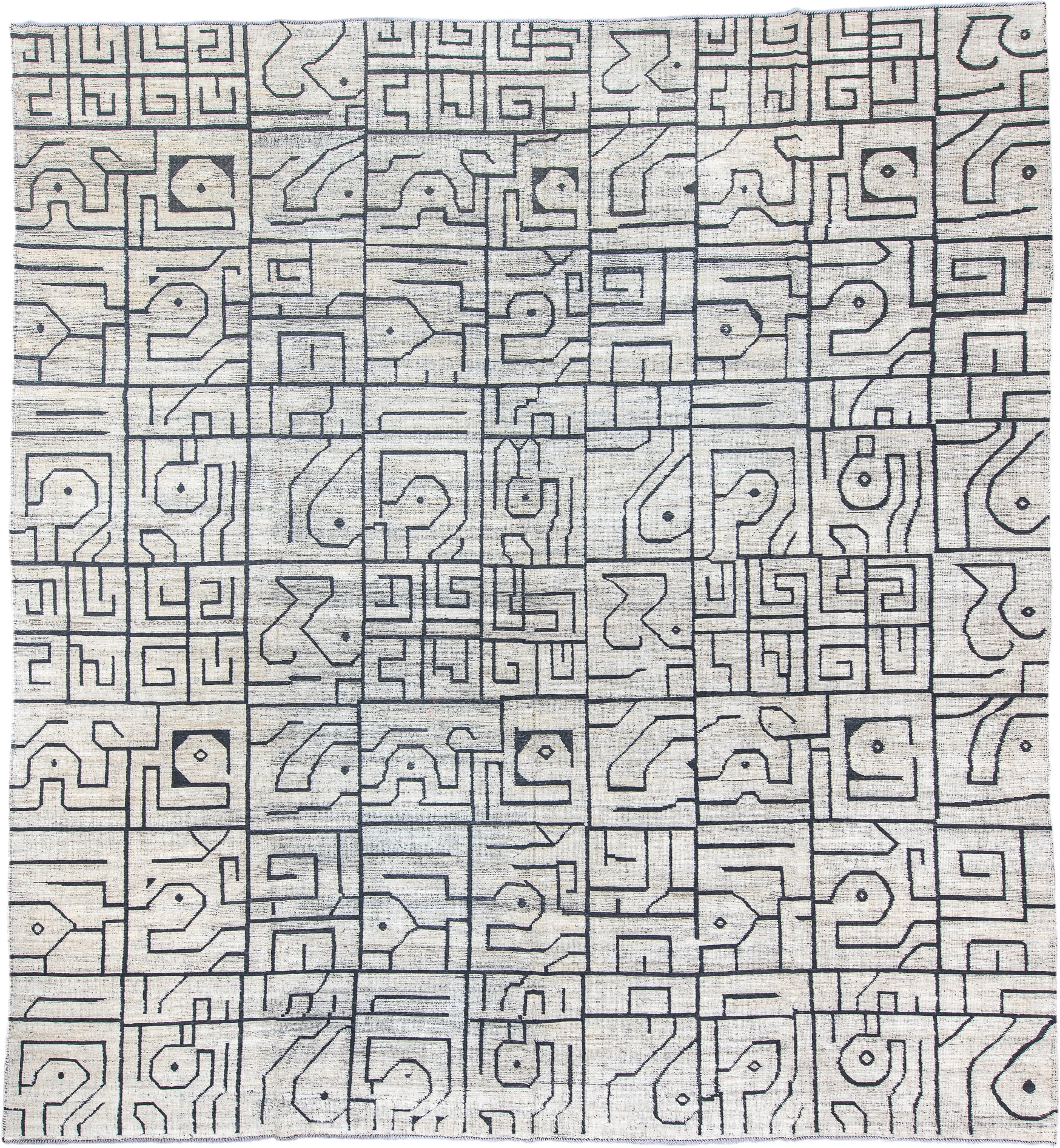 13' x 14' one-of-a-kind handmade vintage Tulu oversize rug. Color palette: ivory, charcoal, slate, gray, black
