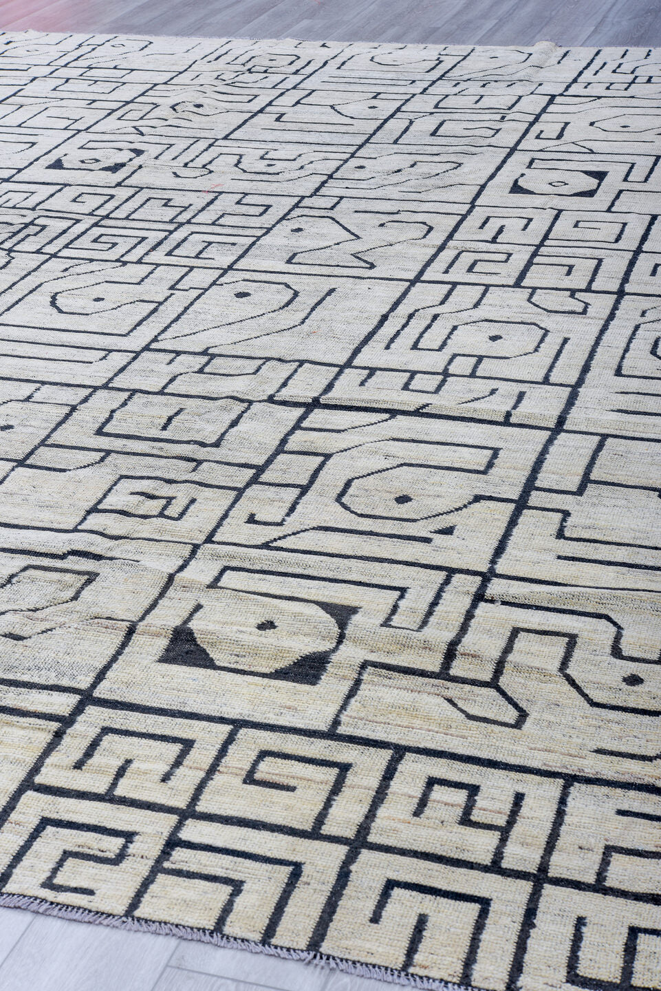 13' x 14' one-of-a-kind handmade vintage Tulu oversize rug. Color palette: ivory, charcoal, slate, gray, black