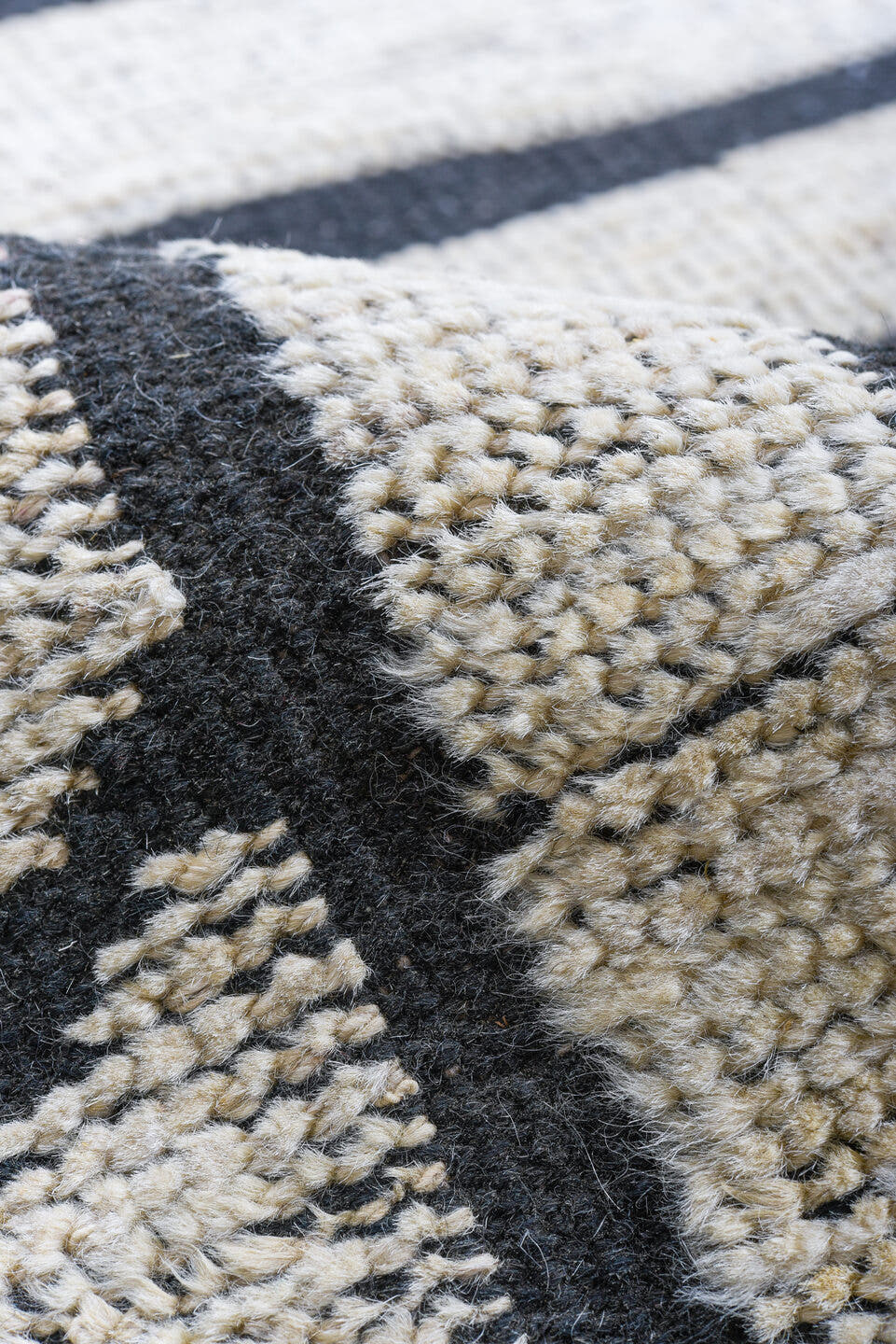 13' x 14' one-of-a-kind handmade vintage Tulu oversize rug. Color palette: ivory, charcoal, slate, gray, black