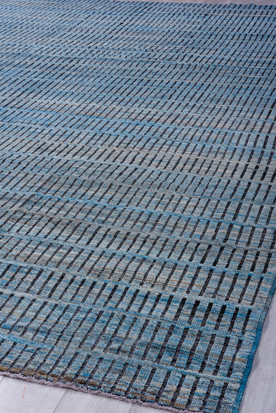10' x 14' one-of-a-kind handmade vintage Tulu large size rug. Color palette: sky blue, slate, charcoal, steel blue