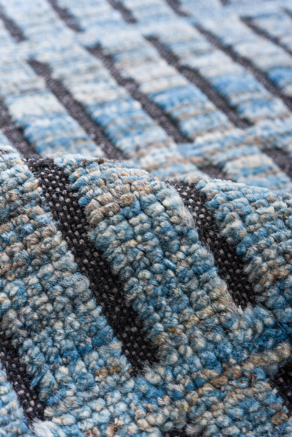 10' x 14' one-of-a-kind handmade vintage Tulu large size rug. Color palette: sky blue, slate, charcoal, steel blue