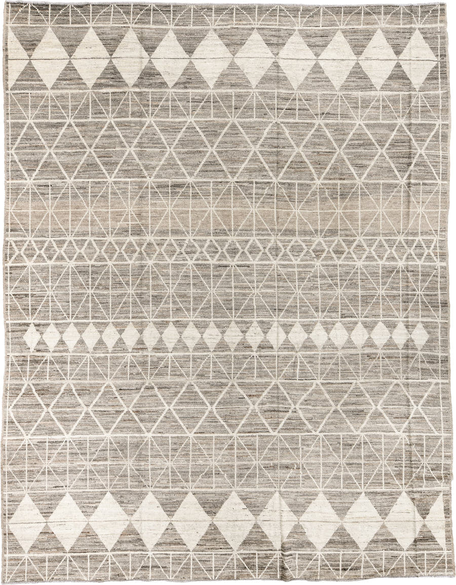 10' x 13' one-of-a-kind handmade vintage Tulu large size rug. Color palette: taupe, ivory, gray, cream, beige