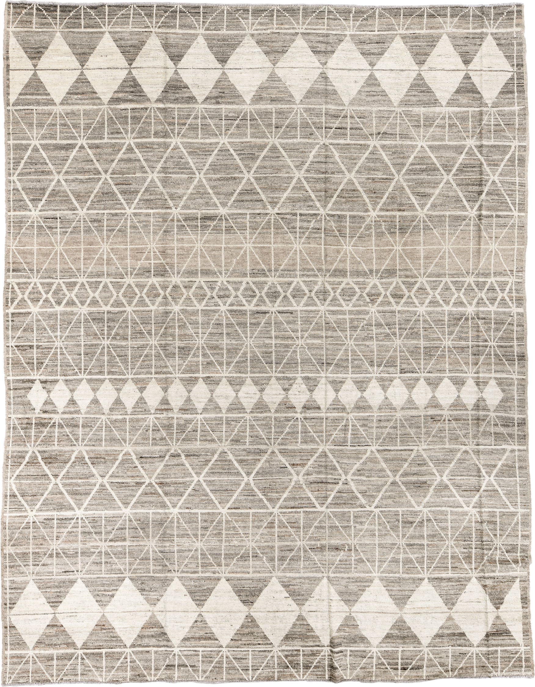 10' x 13' one-of-a-kind handmade vintage Tulu large size rug. Color palette: taupe, ivory, gray, cream, beige