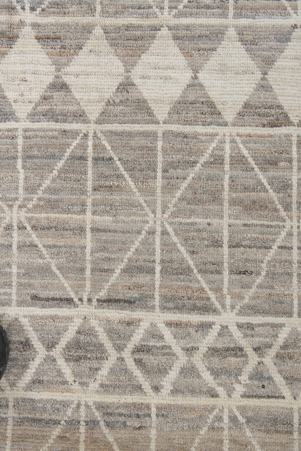 10' x 13' one-of-a-kind handmade vintage Tulu large size rug. Color palette: taupe, ivory, gray, cream, beige