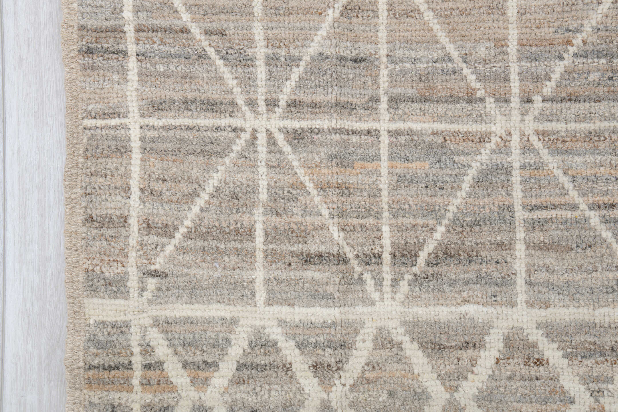 10' x 13' one-of-a-kind handmade vintage Tulu large size rug. Color palette: taupe, ivory, gray, cream, beige