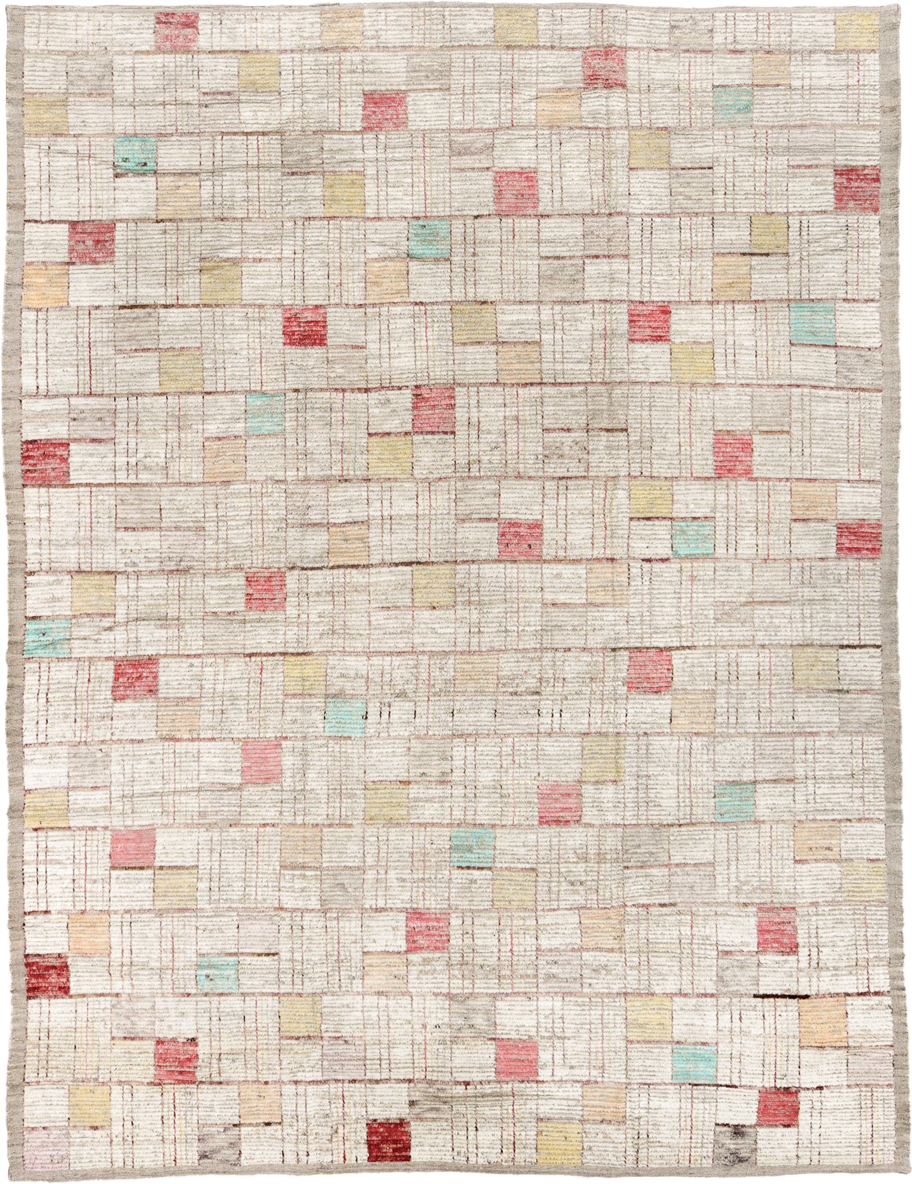 10' x 13' one-of-a-kind handmade vintage Tulu large size rug. Color palette: ivory, taupe, coral, aqua, butter yellow, beige