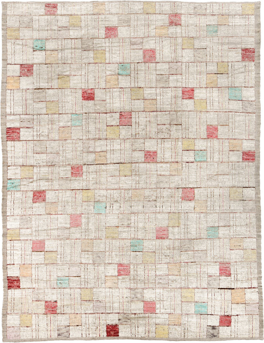 10' x 13' one-of-a-kind handmade vintage Tulu large size rug. Color palette: ivory, taupe, coral, aqua, butter yellow, beige
