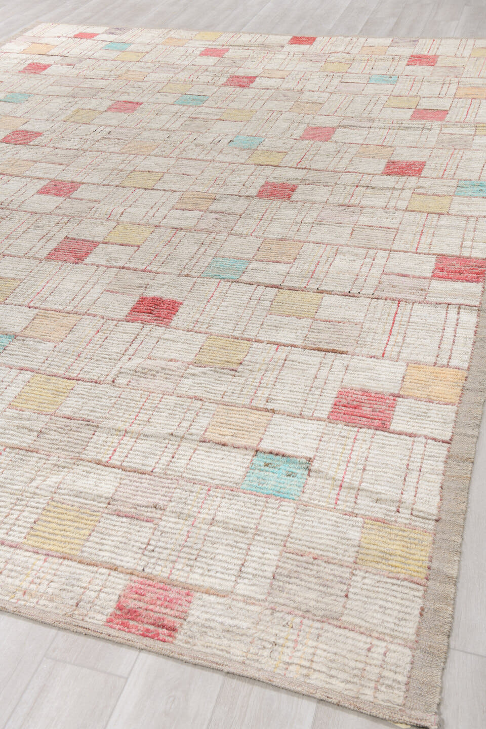 10' x 13' one-of-a-kind handmade vintage Tulu large size rug. Color palette: ivory, taupe, coral, aqua, butter yellow, beige