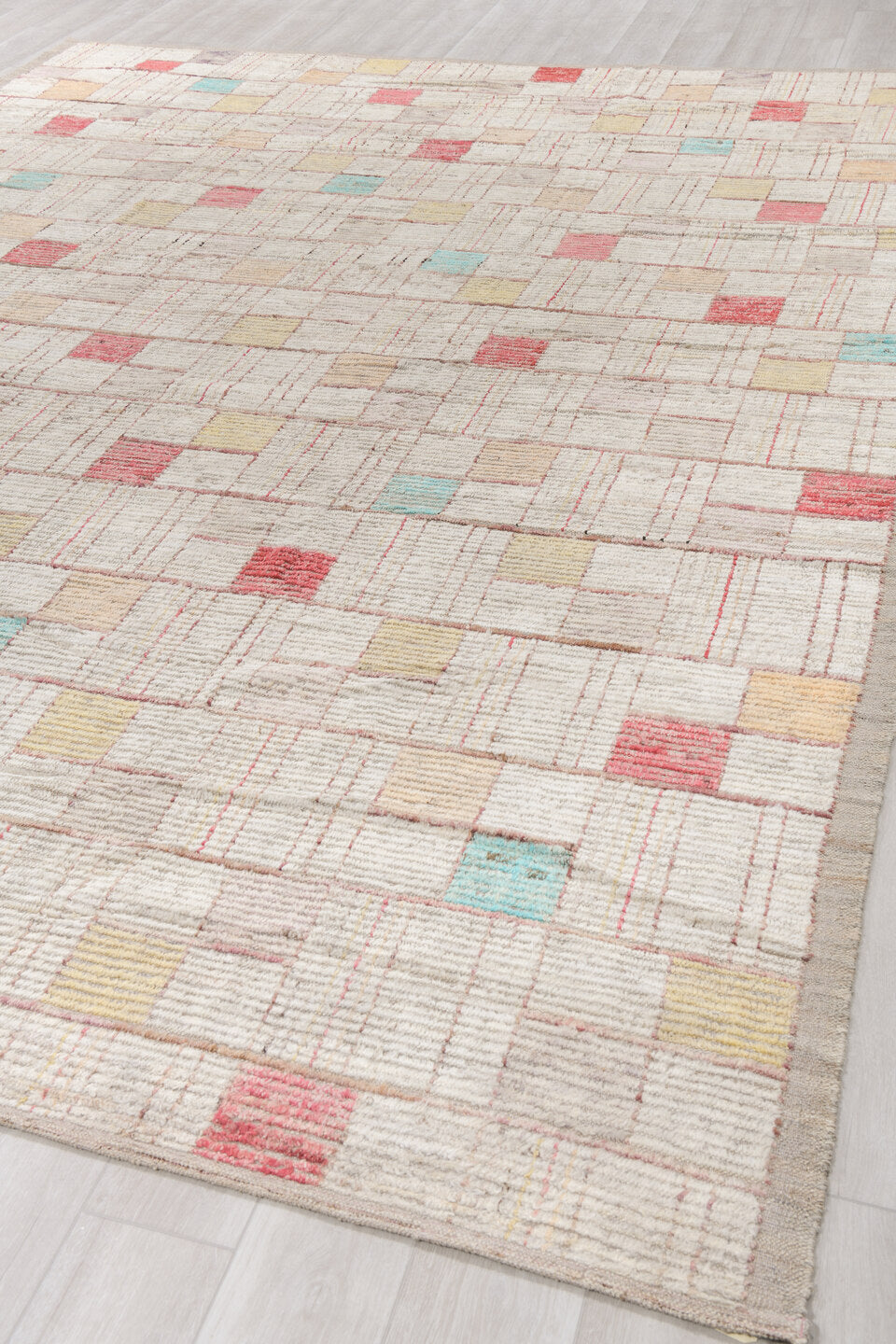 10' x 13' one-of-a-kind handmade vintage Tulu large size rug. Color palette: ivory, taupe, coral, aqua, butter yellow, beige