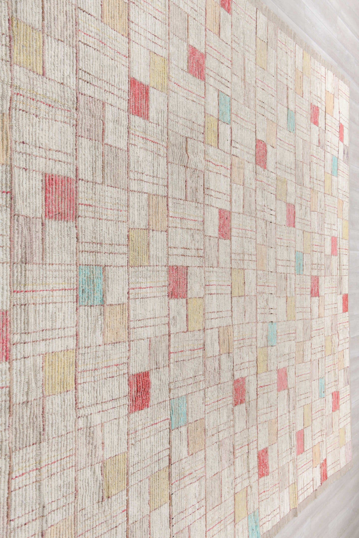 10' x 13' one-of-a-kind handmade vintage Tulu large size rug. Color palette: ivory, taupe, coral, aqua, butter yellow, beige