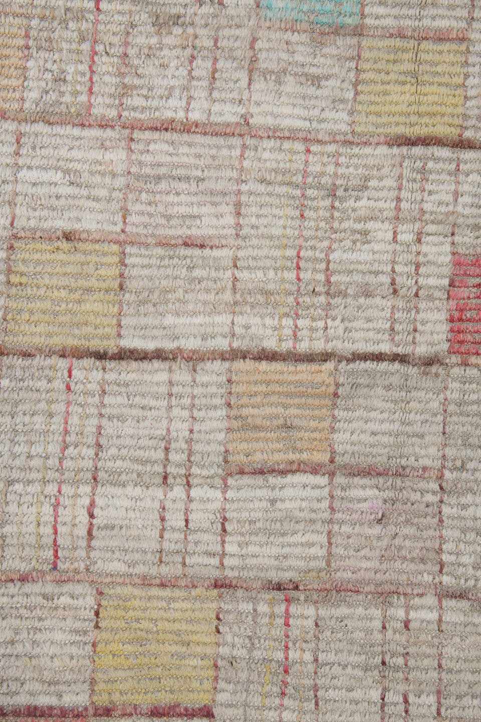 10' x 13' one-of-a-kind handmade vintage Tulu large size rug. Color palette: ivory, taupe, coral, aqua, butter yellow, beige