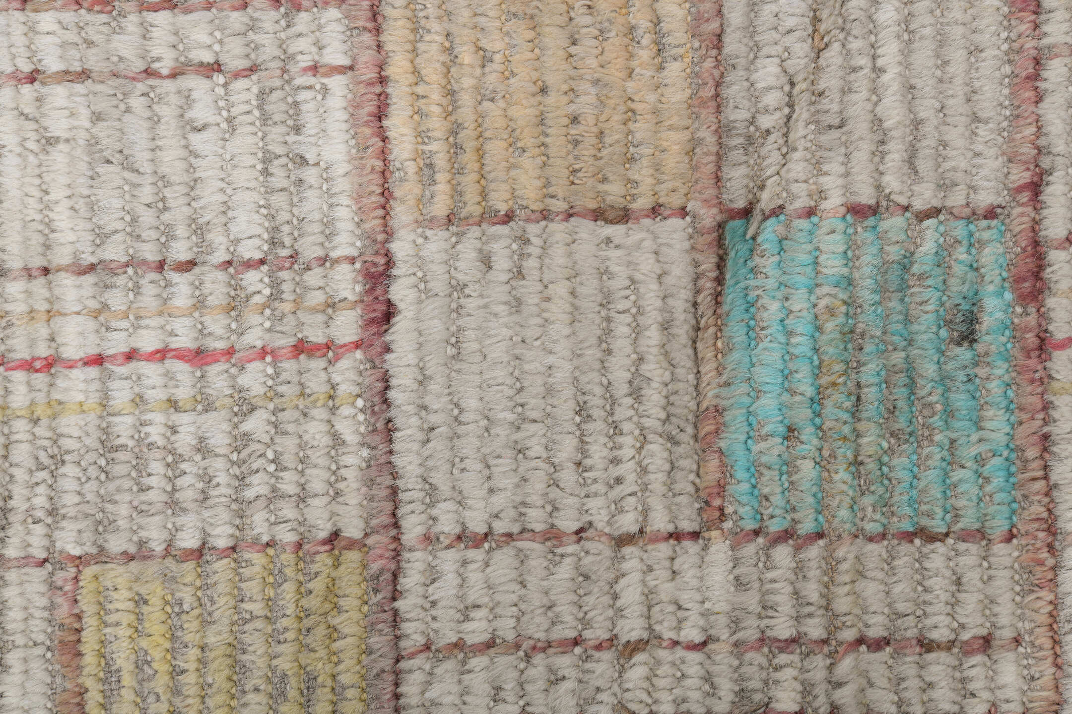 10' x 13' one-of-a-kind handmade vintage Tulu large size rug. Color palette: ivory, taupe, coral, aqua, butter yellow, beige