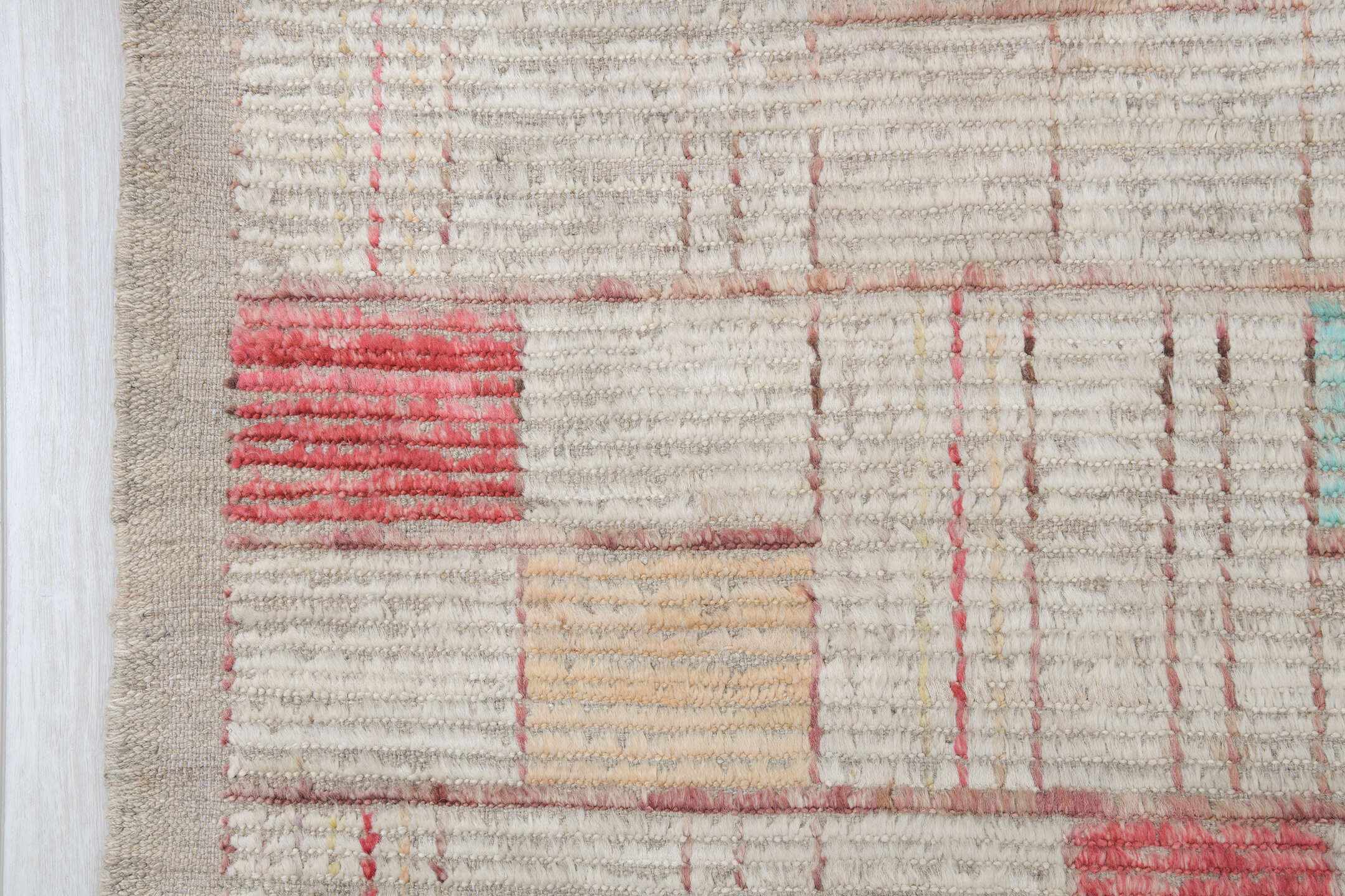 10' x 13' one-of-a-kind handmade vintage Tulu large size rug. Color palette: ivory, taupe, coral, aqua, butter yellow, beige
