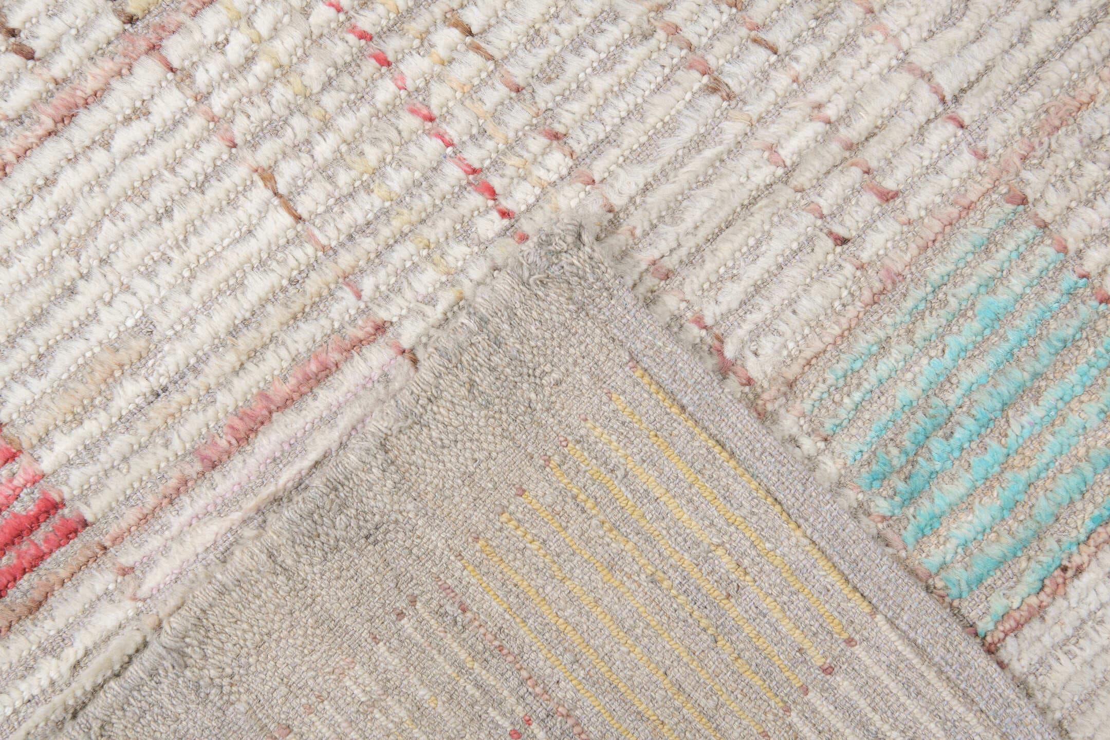 10' x 13' one-of-a-kind handmade vintage Tulu large size rug. Color palette: ivory, taupe, coral, aqua, butter yellow, beige