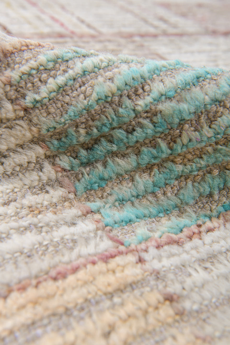 10' x 13' one-of-a-kind handmade vintage Tulu large size rug. Color palette: ivory, taupe, coral, aqua, butter yellow, beige
