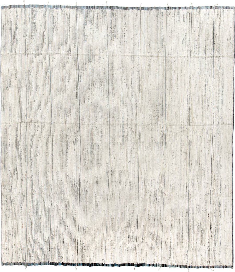 11' x 12' one-of-a-kind handmade vintage Tulu oversize rug. Color palette: ivory, charcoal, slate, cream, gray, black