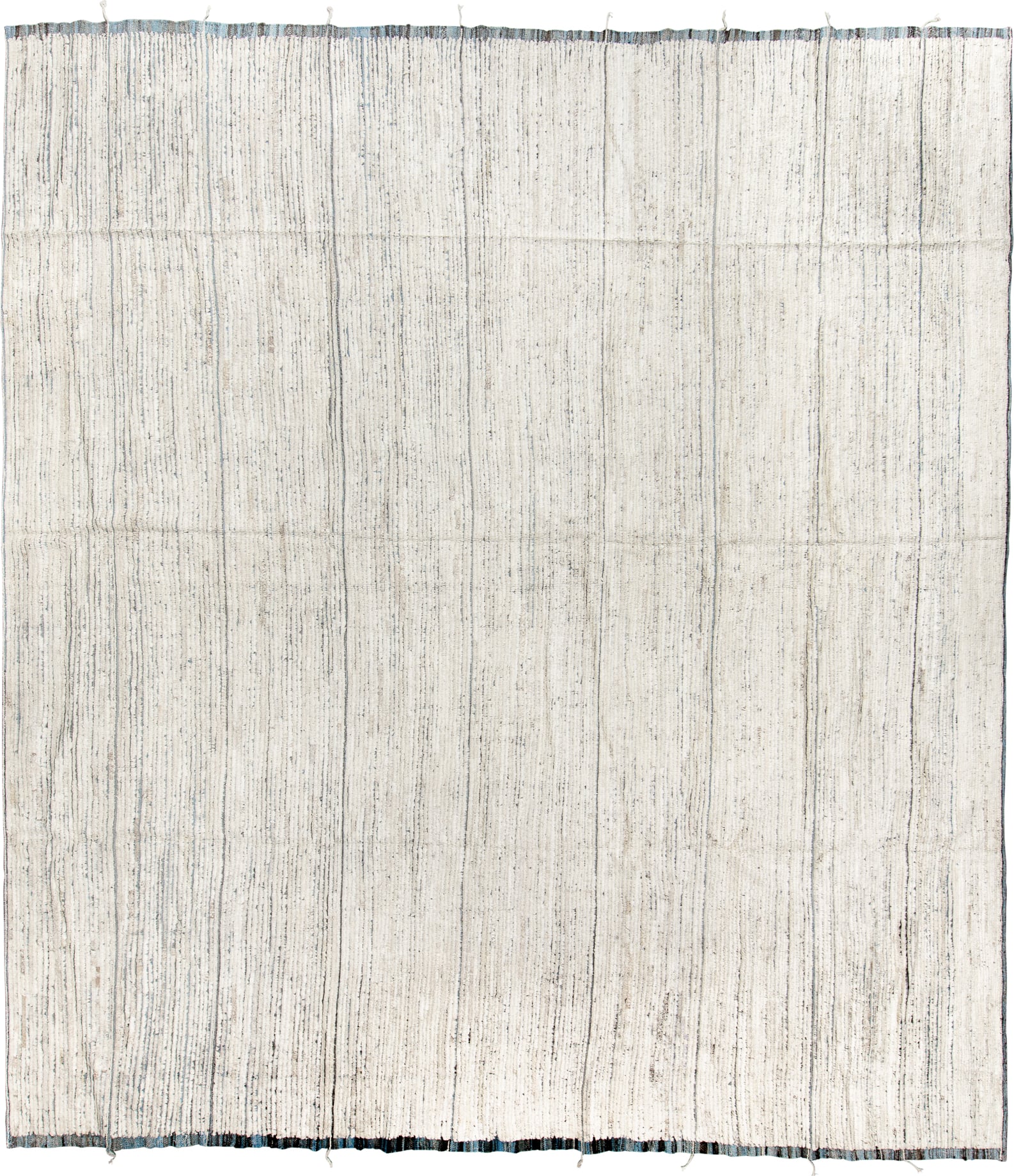 11' x 12' one-of-a-kind handmade vintage Tulu oversize rug. Color palette: ivory, charcoal, slate, cream, gray, black