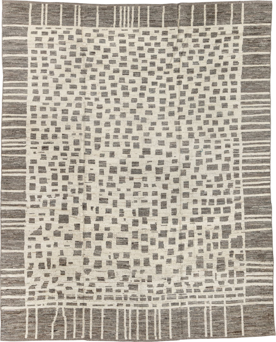 8' x 10' one-of-a-kind handmade vintage Tulu large size rug. Color palette: ivory, taupe, stone gray, cream, greige, beige