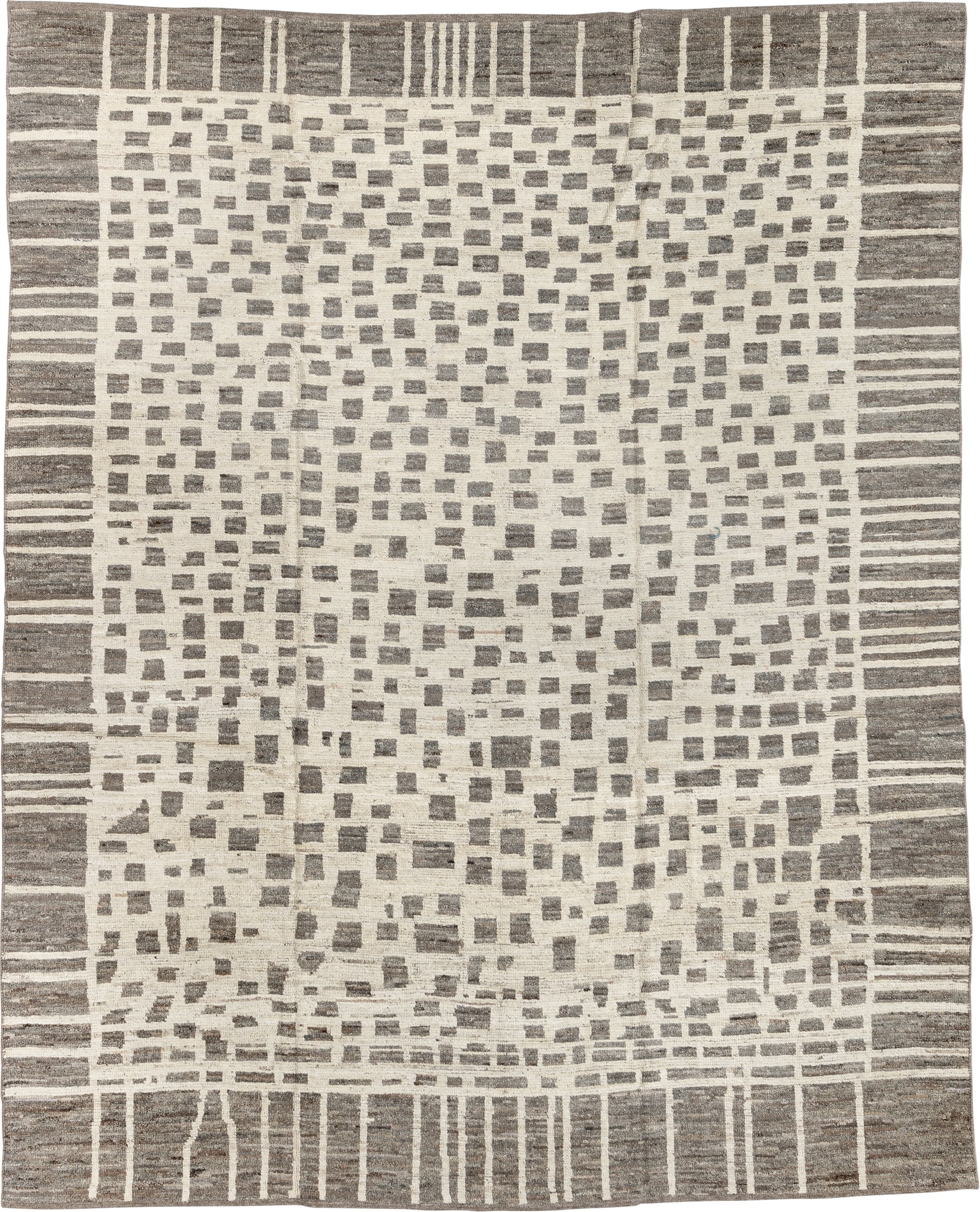 8' x 10' one-of-a-kind handmade vintage Tulu large size rug. Color palette: ivory, taupe, stone gray, cream, greige, beige