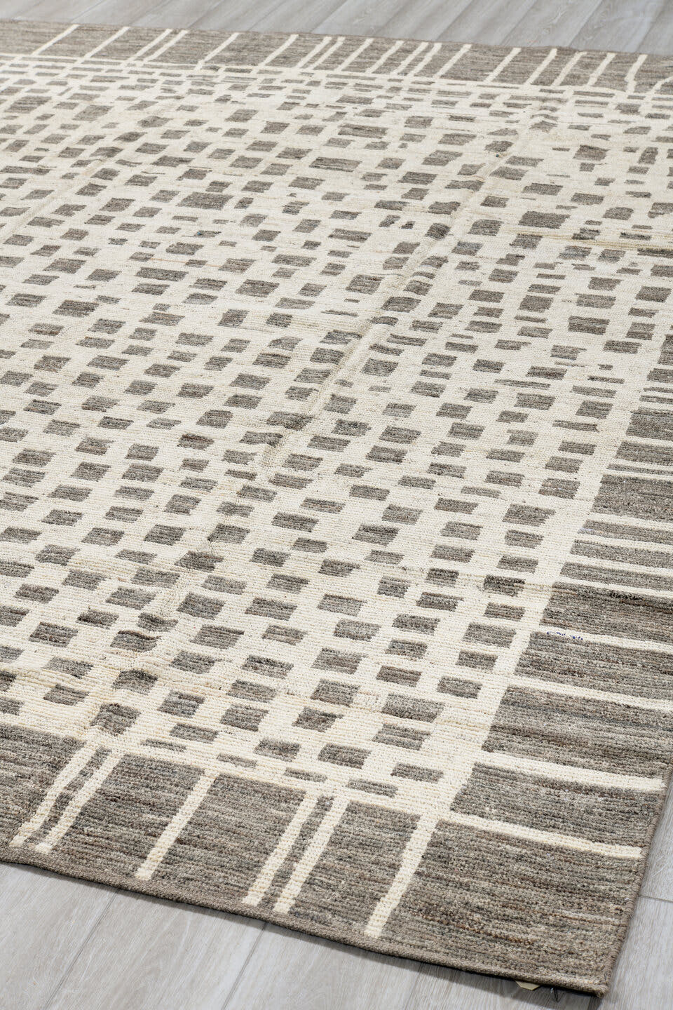 8' x 10' one-of-a-kind handmade vintage Tulu large size rug. Color palette: ivory, taupe, stone gray, cream, greige, beige