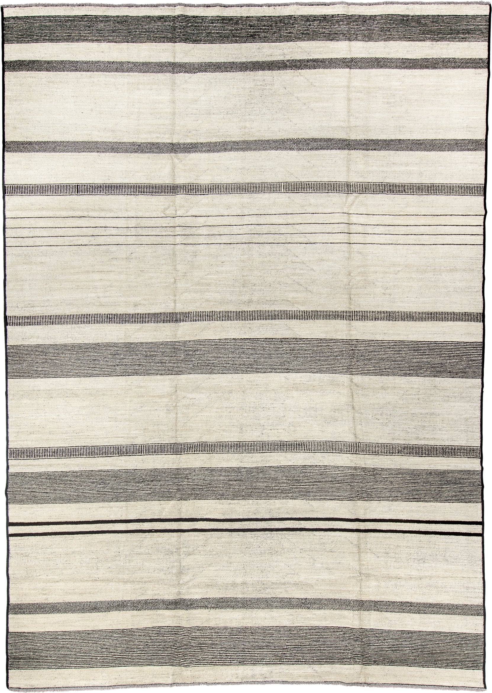 8' x 12' one-of-a-kind handmade vintage Tulu large size rug. Color palette: ivory, charcoal, cream, taupe, black, gray