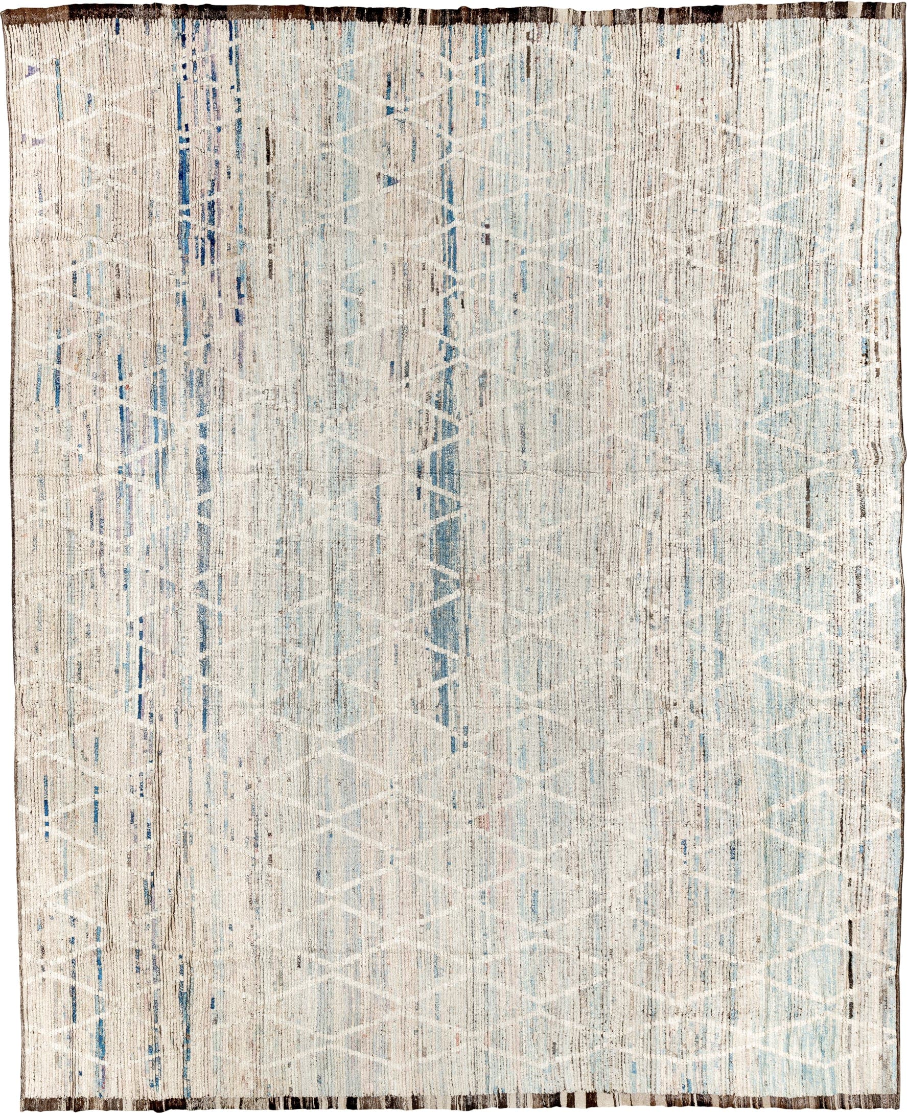 11' x 14' one-of-a-kind handmade vintage Tulu oversize rug. Color palette: ivory, sky blue, charcoal, taupe, slate, cream