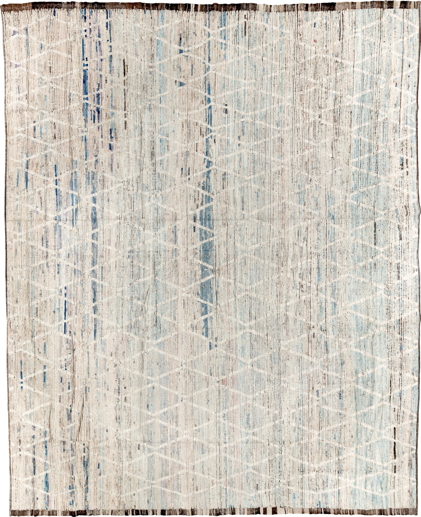 11' x 14' one-of-a-kind handmade vintage Tulu oversize rug. Color palette: ivory, sky blue, charcoal, taupe, slate, cream