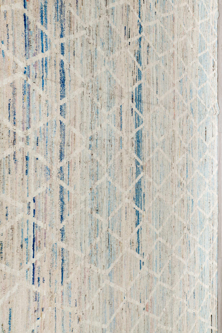 11' x 14' one-of-a-kind handmade vintage Tulu oversize rug. Color palette: ivory, sky blue, charcoal, taupe, slate, cream