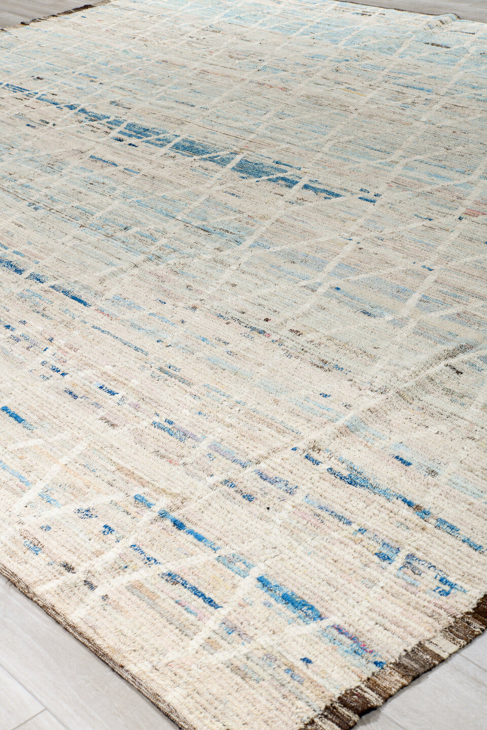 11' x 14' one-of-a-kind handmade vintage Tulu oversize rug. Color palette: ivory, sky blue, charcoal, taupe, slate, cream